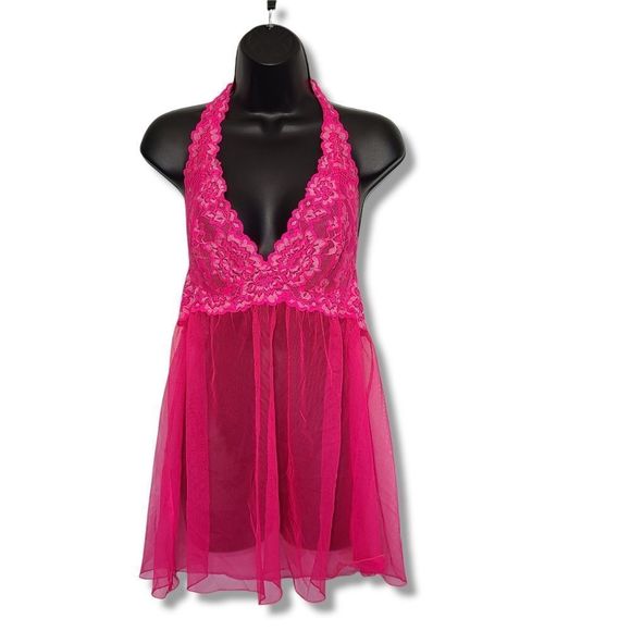 Victoria's Secret Other - Victoria's Secret Lace Mesh Hot Pink Halter Chemise sz S